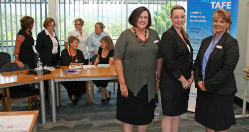 The director of the TAFE Business Faculty, Helyn Davidson (left), with project officer from Service Skills Australia Karen Banks and TAFE Pharmacy teacher Linda Johnston. The director of the TAFE Business Faculty, Helyn Davidson (left), with project officer from Service Skills Australia Karen Banks and TAFE Pharmacy teacher Linda Johnston.